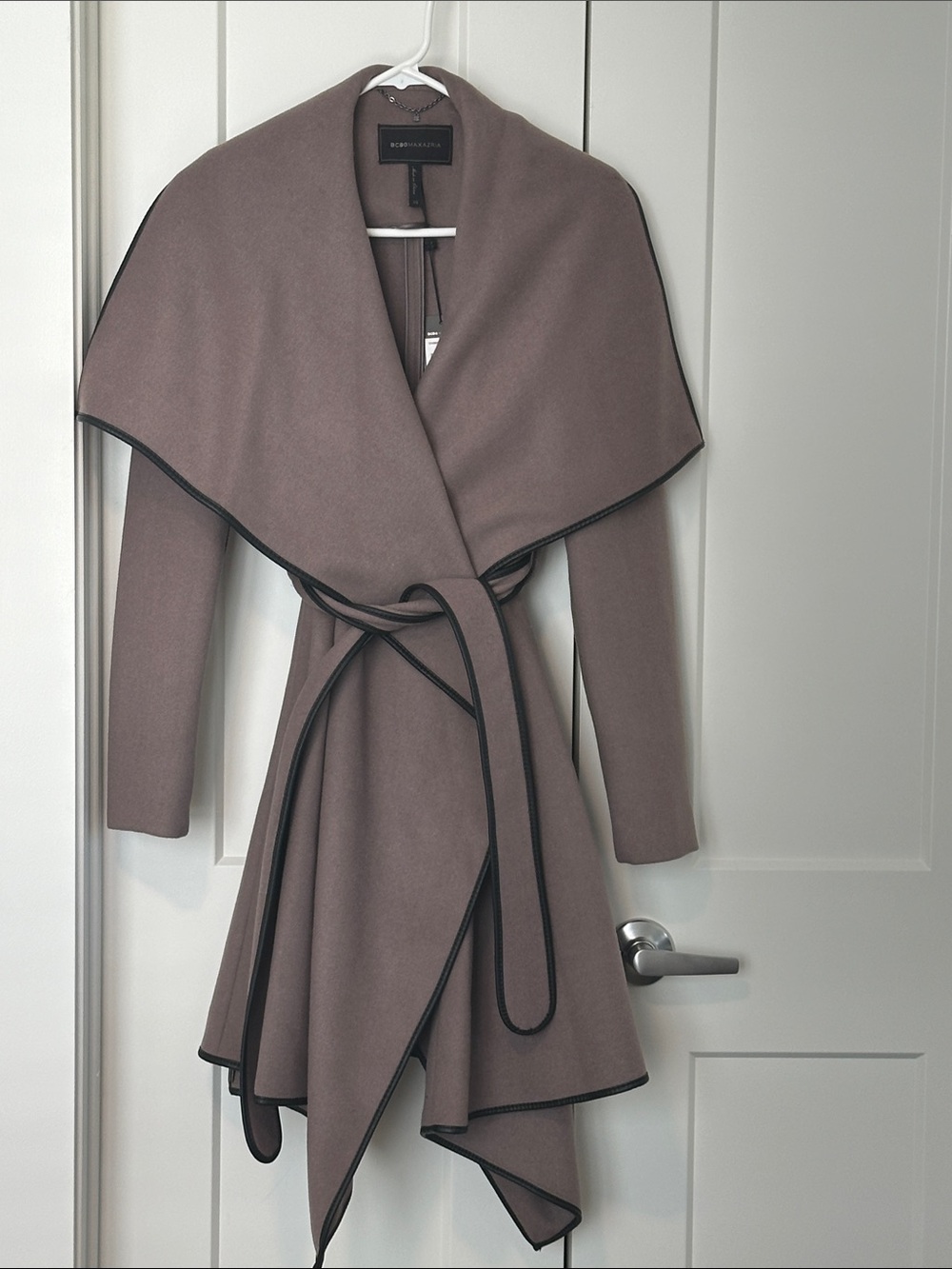BCBGMaxAzria Mauve Asymmetrical Wrap Dress with Black Trim